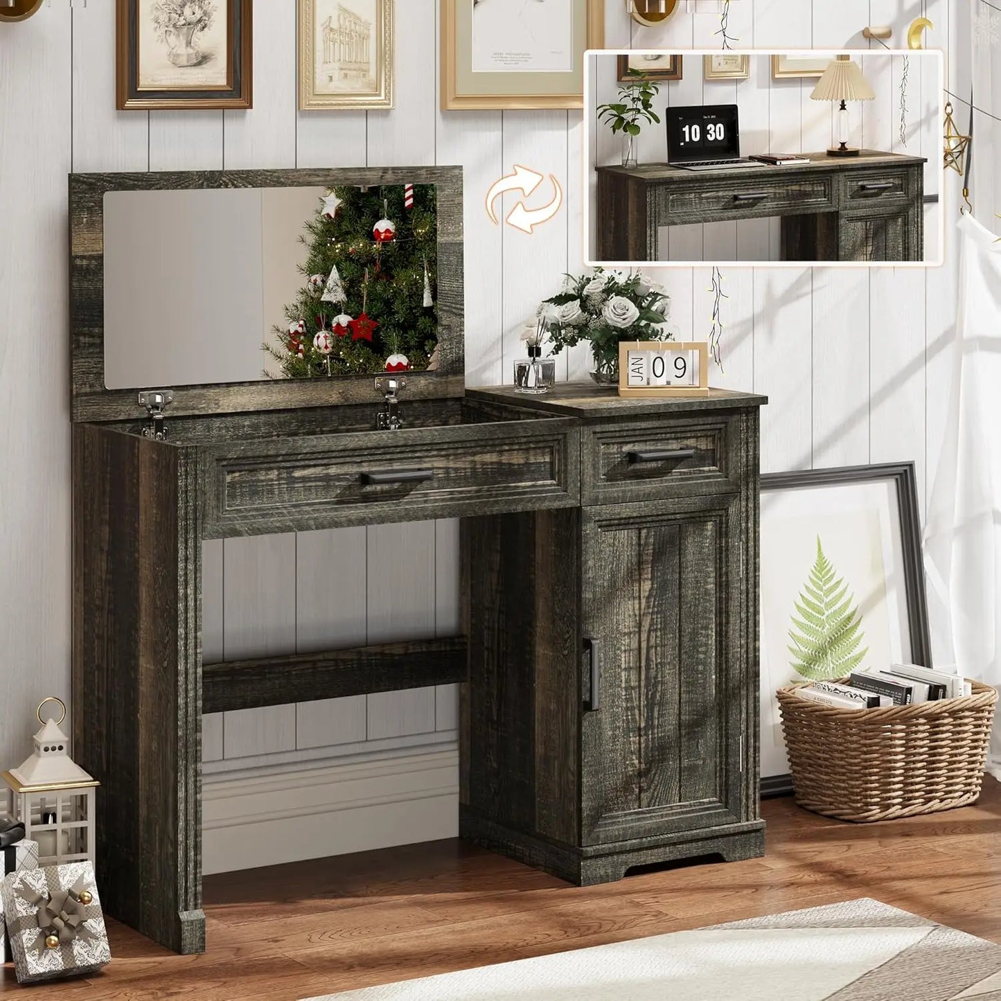 Farmhouse Vanity with Flip Mirror and Storage Cabinet for Bedroom
