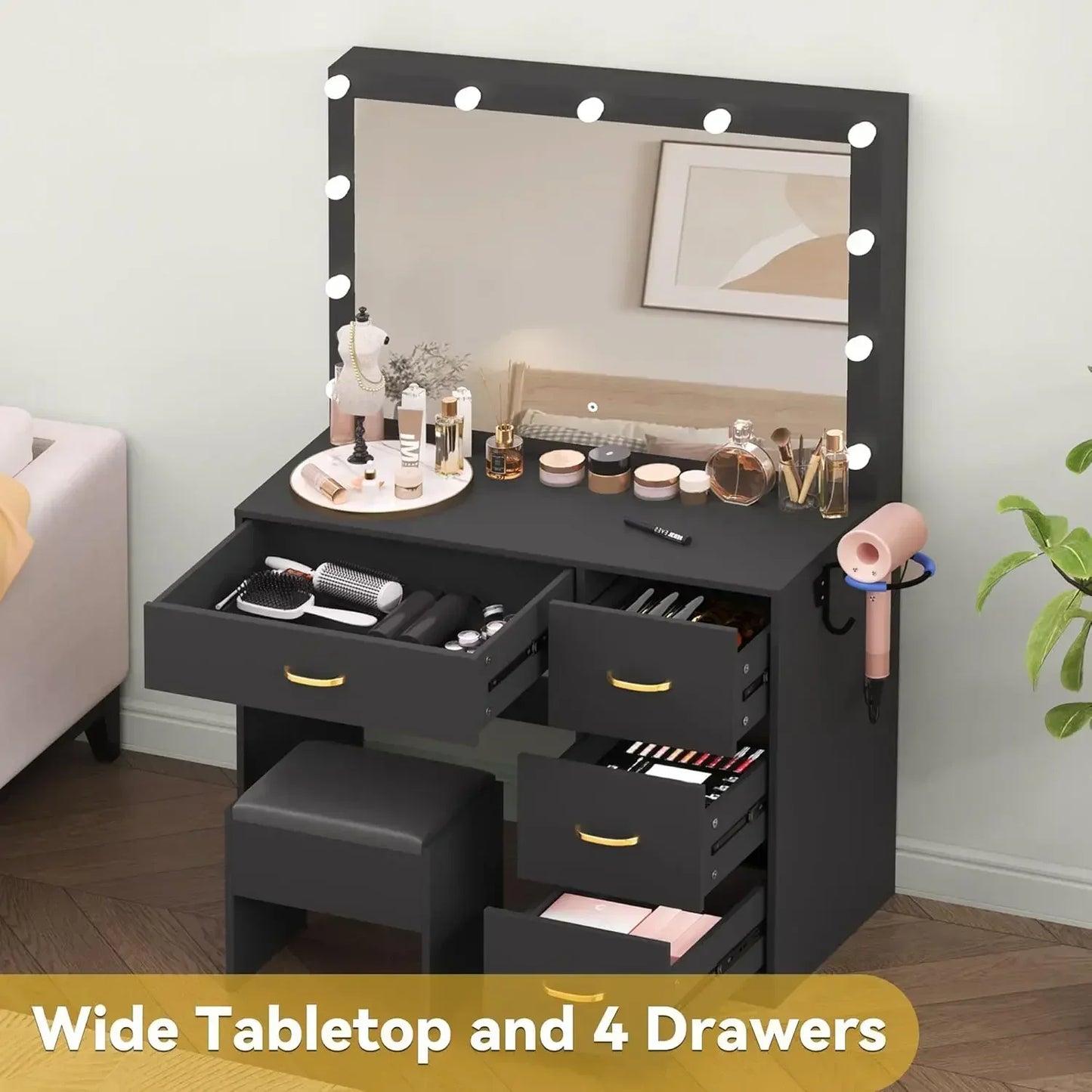 Makeup Vanity Table Set with Large Mirror and Cushioned Stool for Women