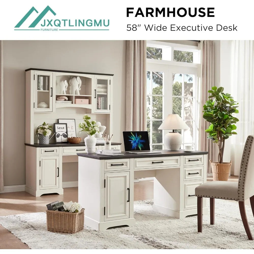 58 Inch Executive Desk Farmhouse Style Computer Desk with Storage