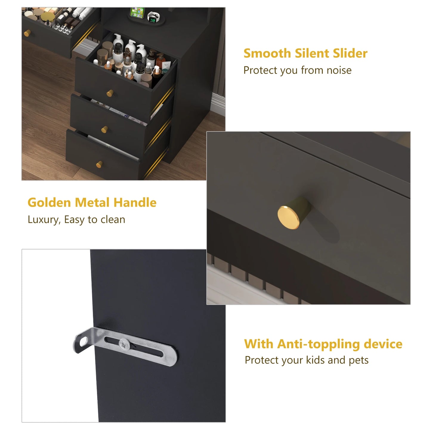 61.7" Large Vanity Desk with Mirror Lights Charging Station Storage