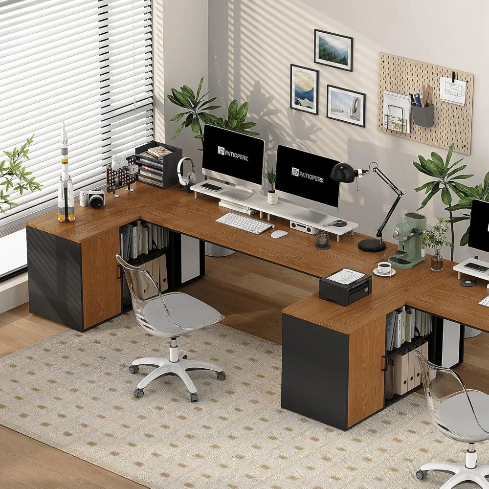 L Shaped Executive Desk with File Cabinet and Power Outlet for Office