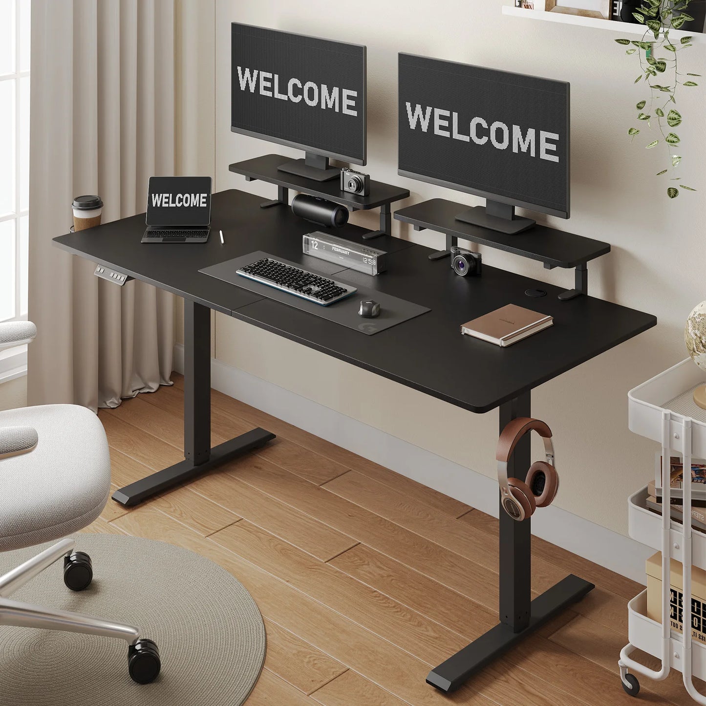 Electric Standing Desk with Adjustable Monitor Shelves and Memory Controller