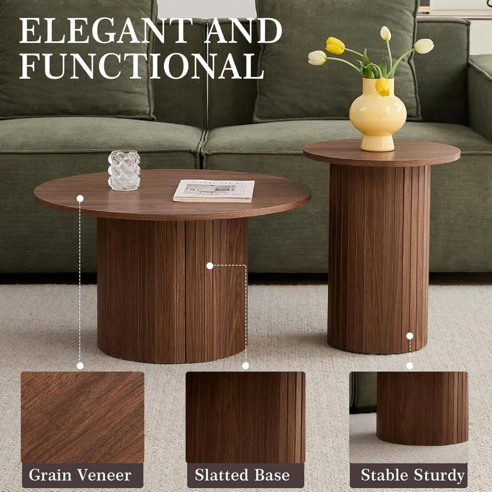 Small Round Coffee Table Set of 2 Wood Finish Nesting Tables Living Room