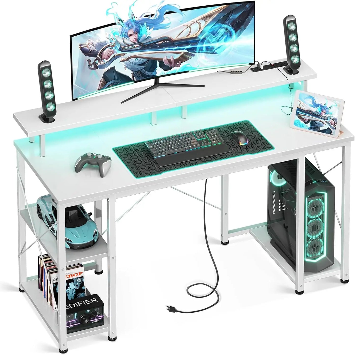 48 Inch Gaming Desk with LED Lights Power Outlets Monitor Stand Storage