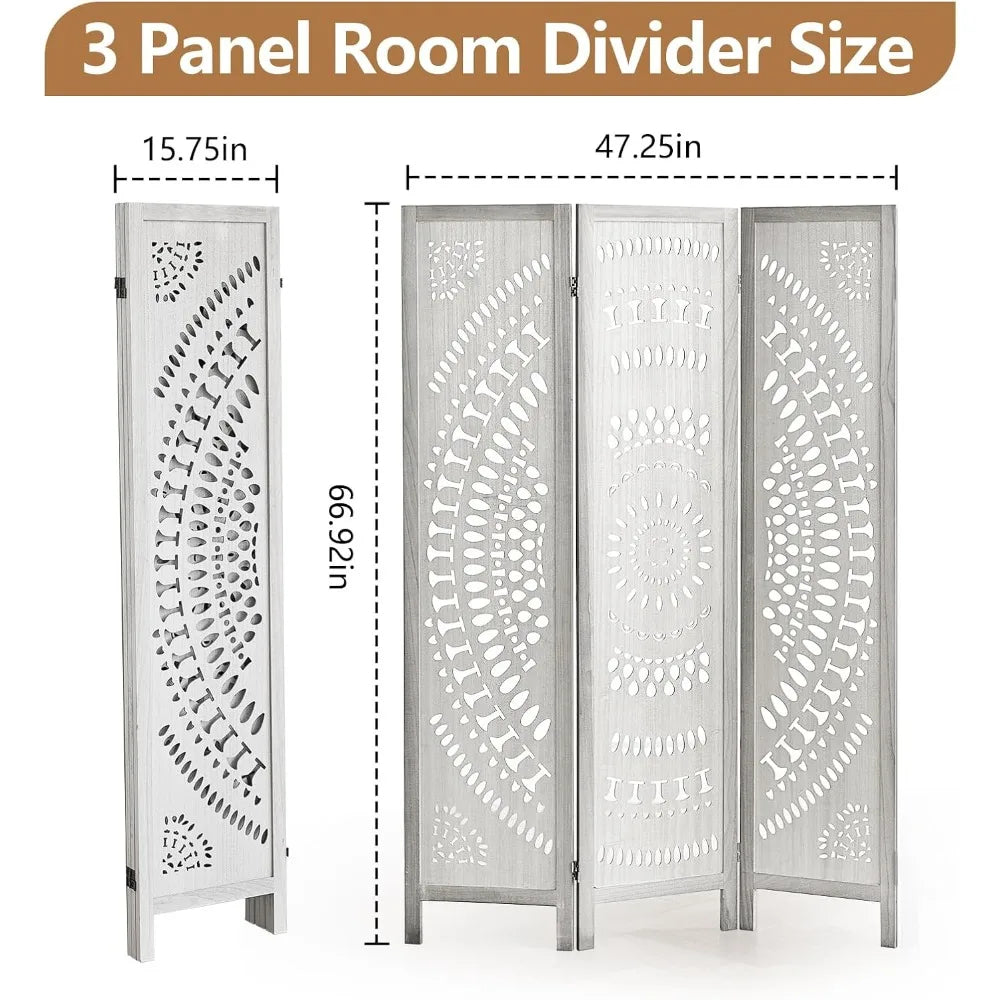 Carved 3 Panel Room Divider Folding Privacy Screen Home Decor Partition
