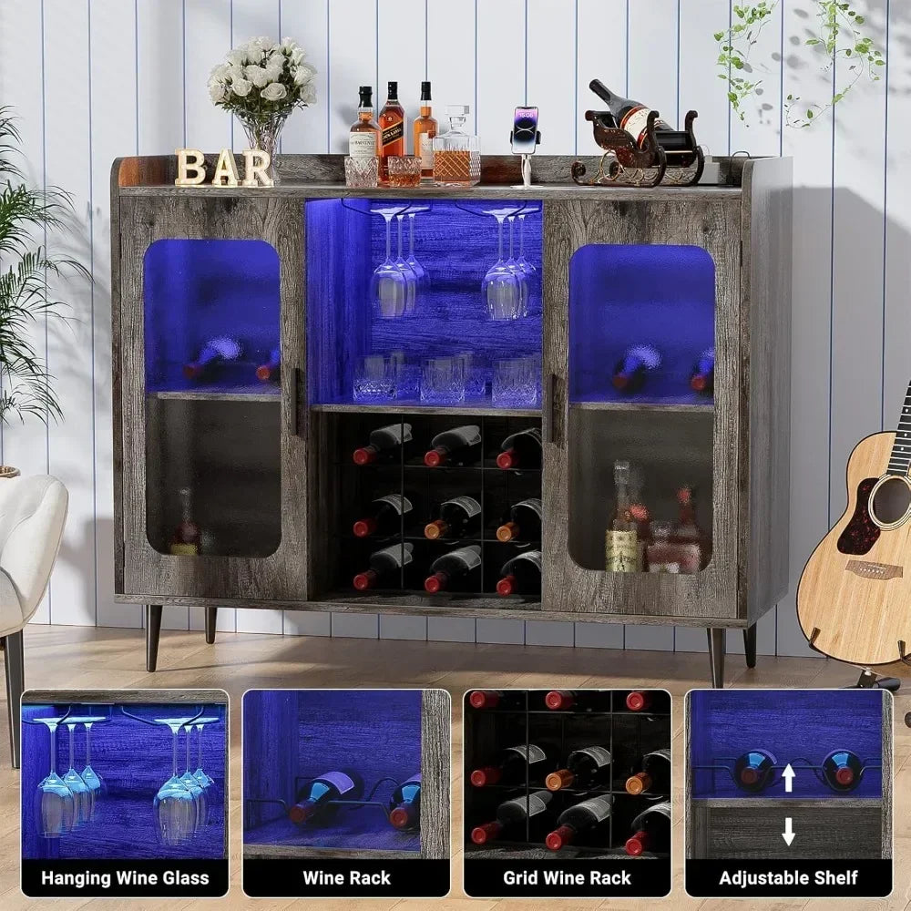 Liquor Cabinet Bar with Power Outlet LED Light Wine Storage Kitchen