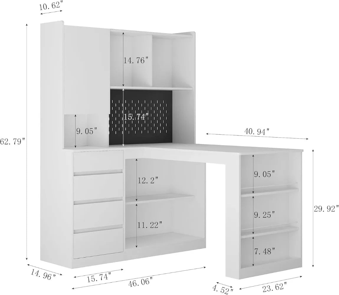 Modern L Shaped Desk with Drawers Bookshelf Corner Home Office LED Light