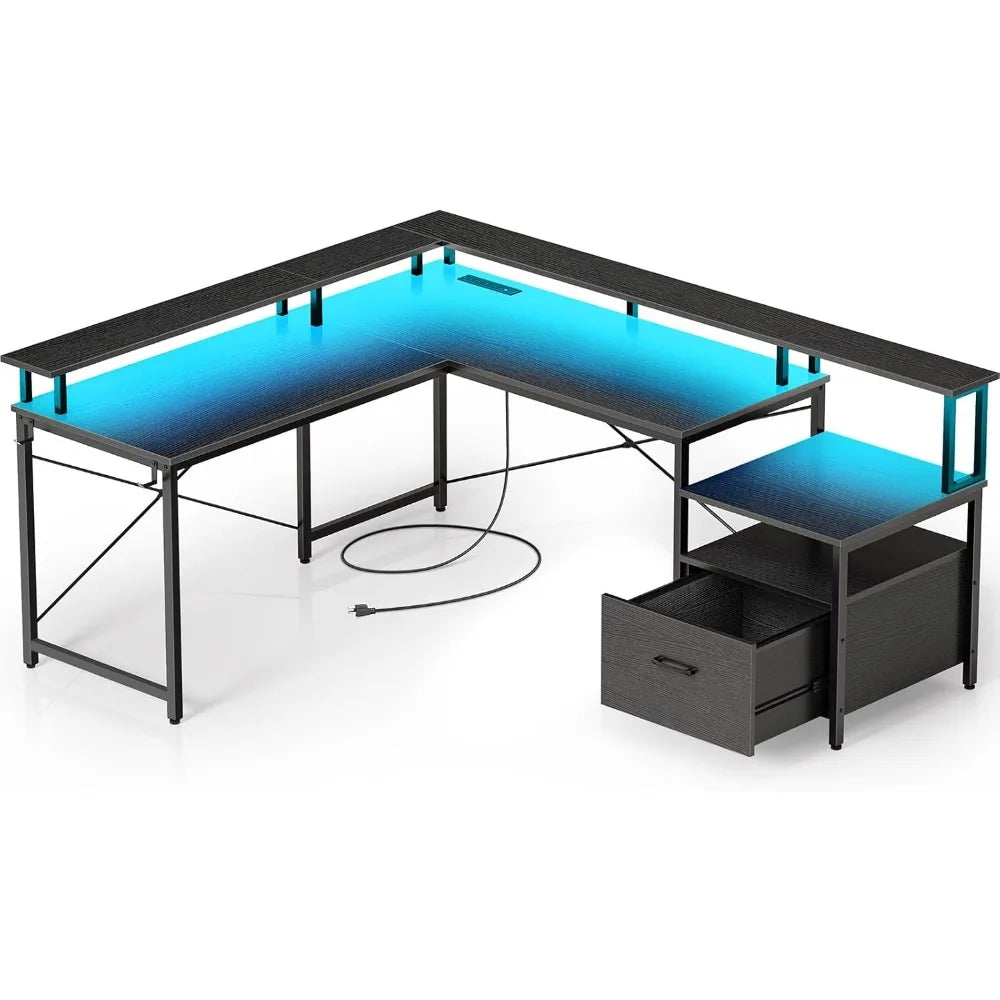 L Shaped Computer Desk with File Drawer Power Outlet LED Strip