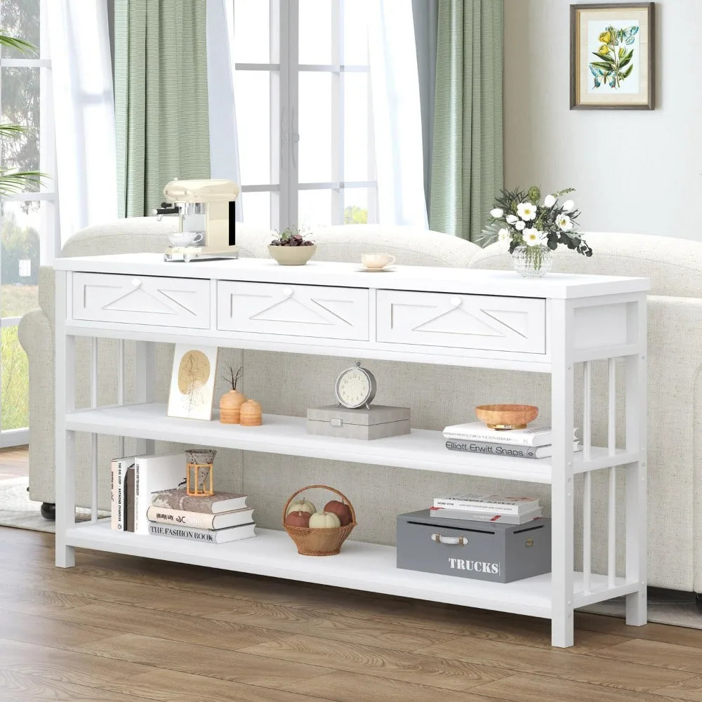 Modern White Entryway Table with 3 Drawers and Storage Shelf