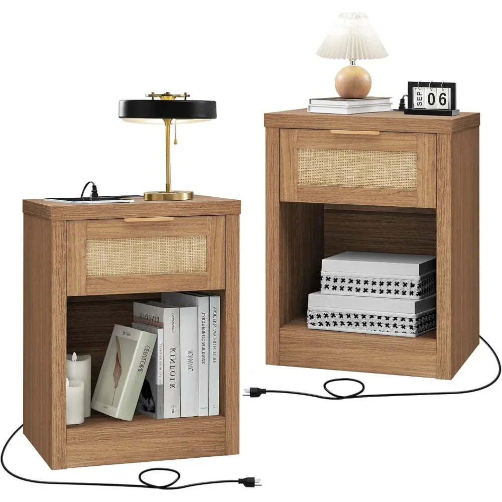 Nightstand Set of 2 Rattan Bedside Table with Charging Station