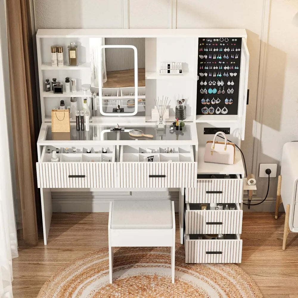 Large White Vanity Desk with Mirror Lights Makeup Table 5 Drawers Charging