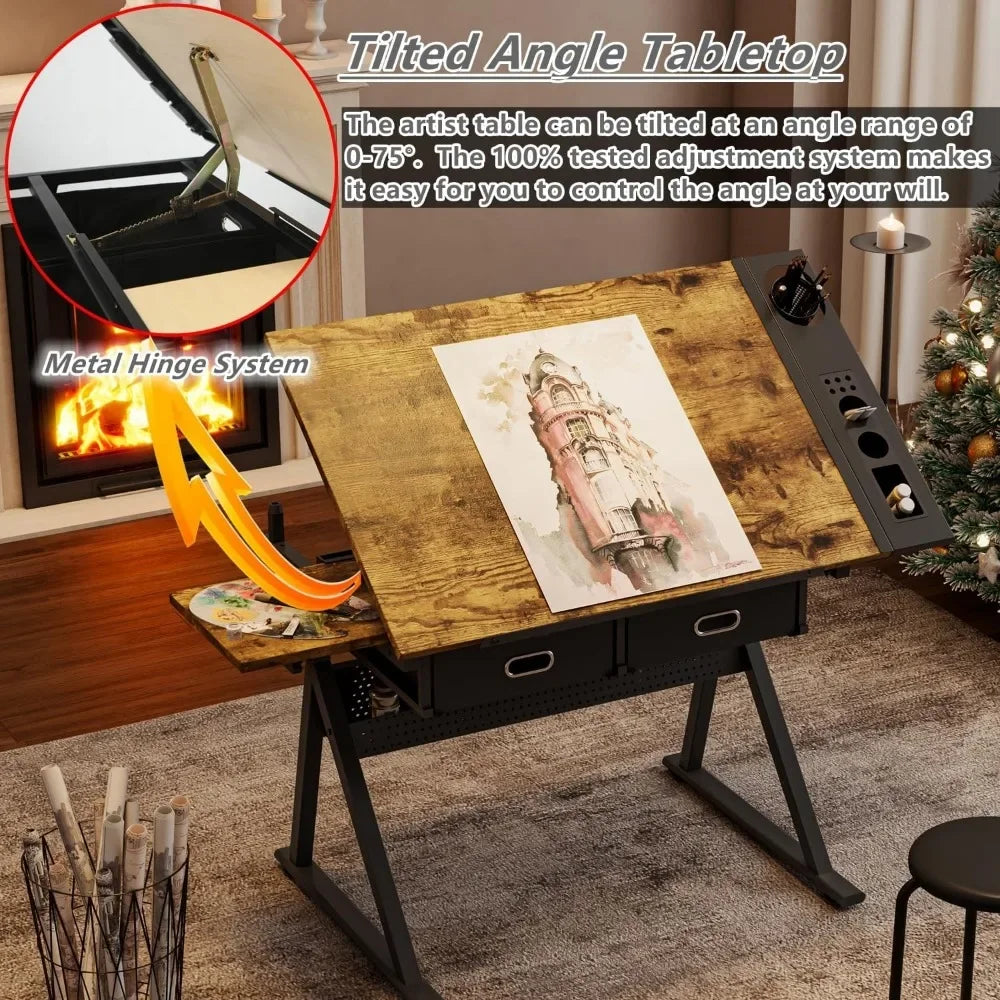 Adjustable Drafting Table Multi-Functional Drawing Desk with Stool