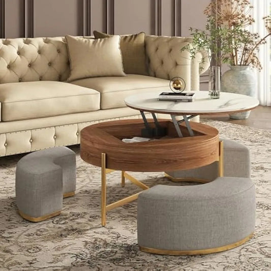32 Inch Lift Top Coffee Table Set Round Marble Table with Storage Ottomans