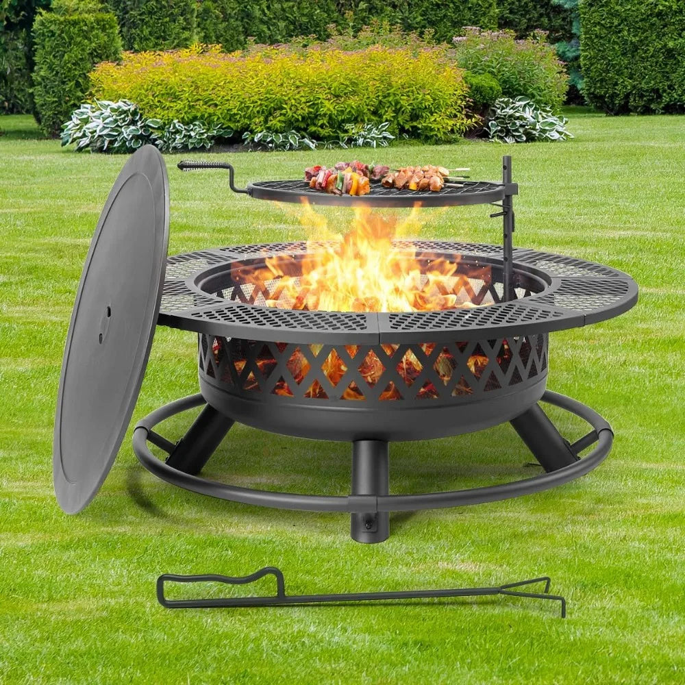 42 Inch Outdoor Fire Pit Table with Grill Wood Burning Metal Firepit