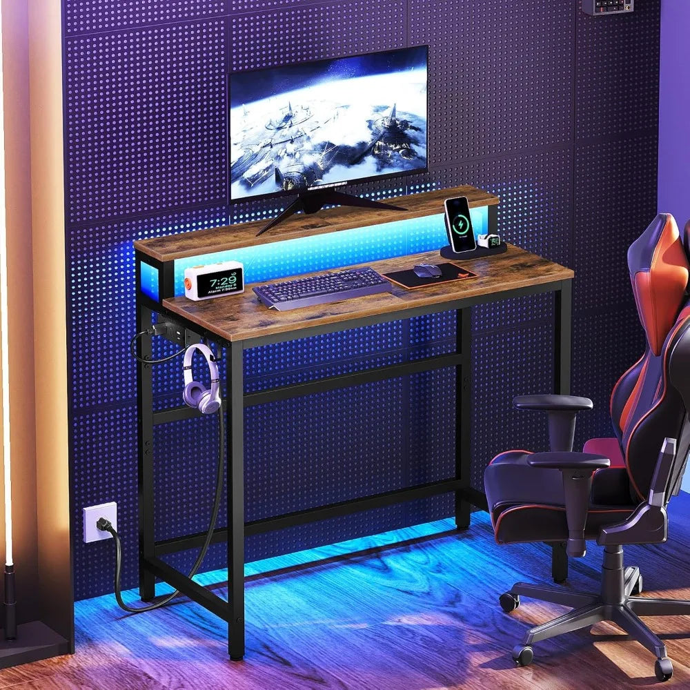 Desk with Charging Station LED Lights Gaming Desk Monitor Stand Home Office