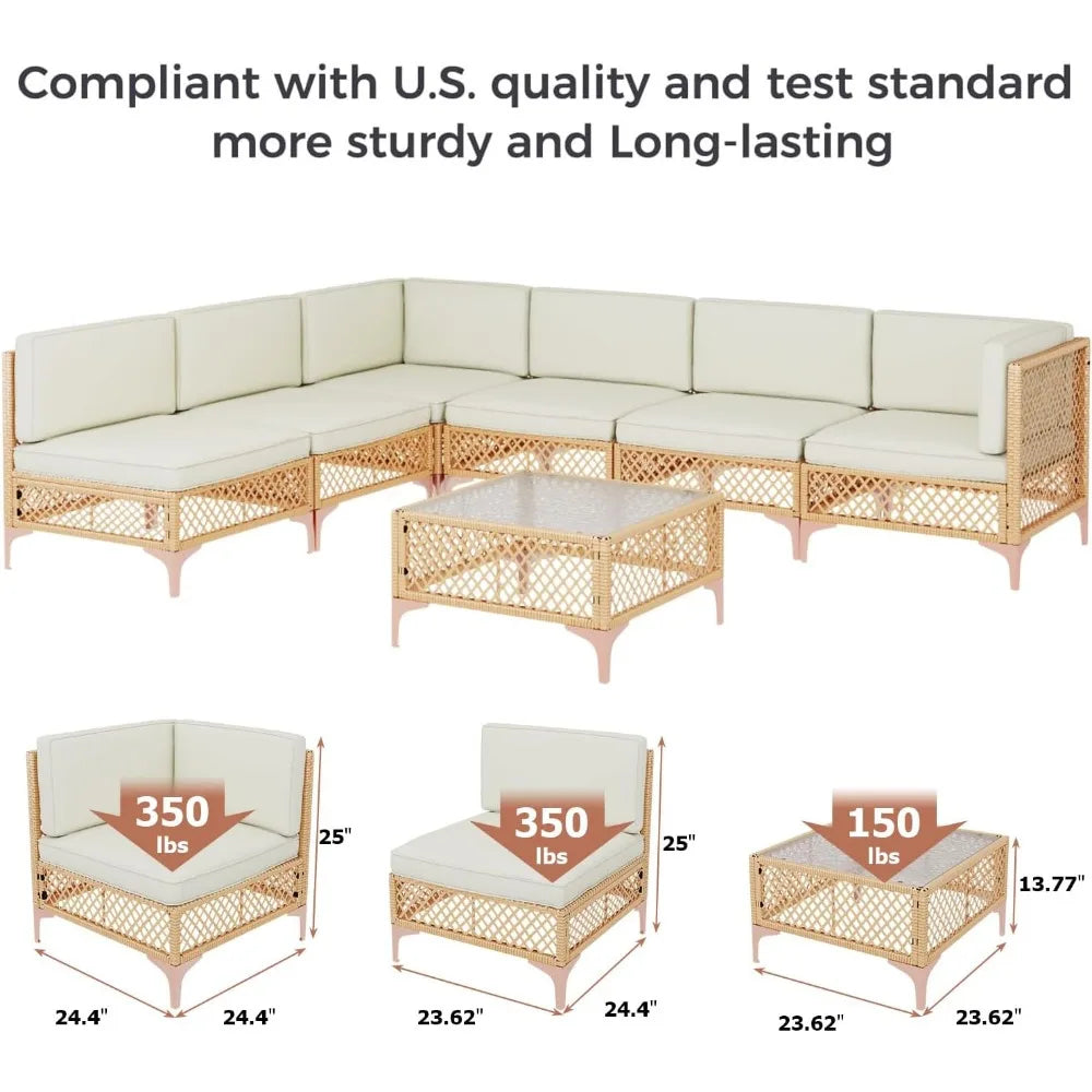 7 Piece Boho Outdoor Patio Sectional Wicker Furniture Set with Glass Table