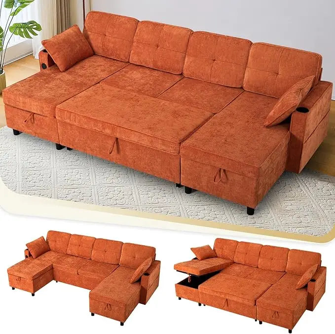 Ljustra Modern Chenille Sectional Sofa, U-Shaped, Pull Out Bed, Adjustable Back, Storage Chaises