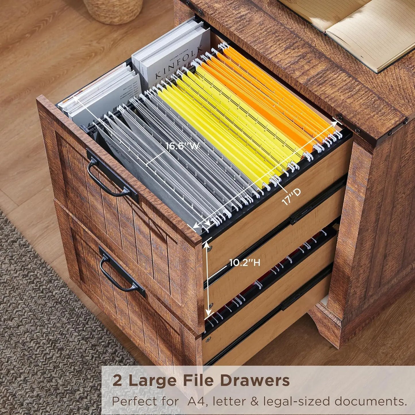 Bookcase with 2 File Drawers 72 Inch Rustic Wood Bookshelf Storage