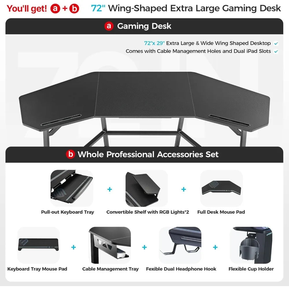 Aero Gaming Desk with LED Lights 72 Inch Wing Shaped Computer Desk