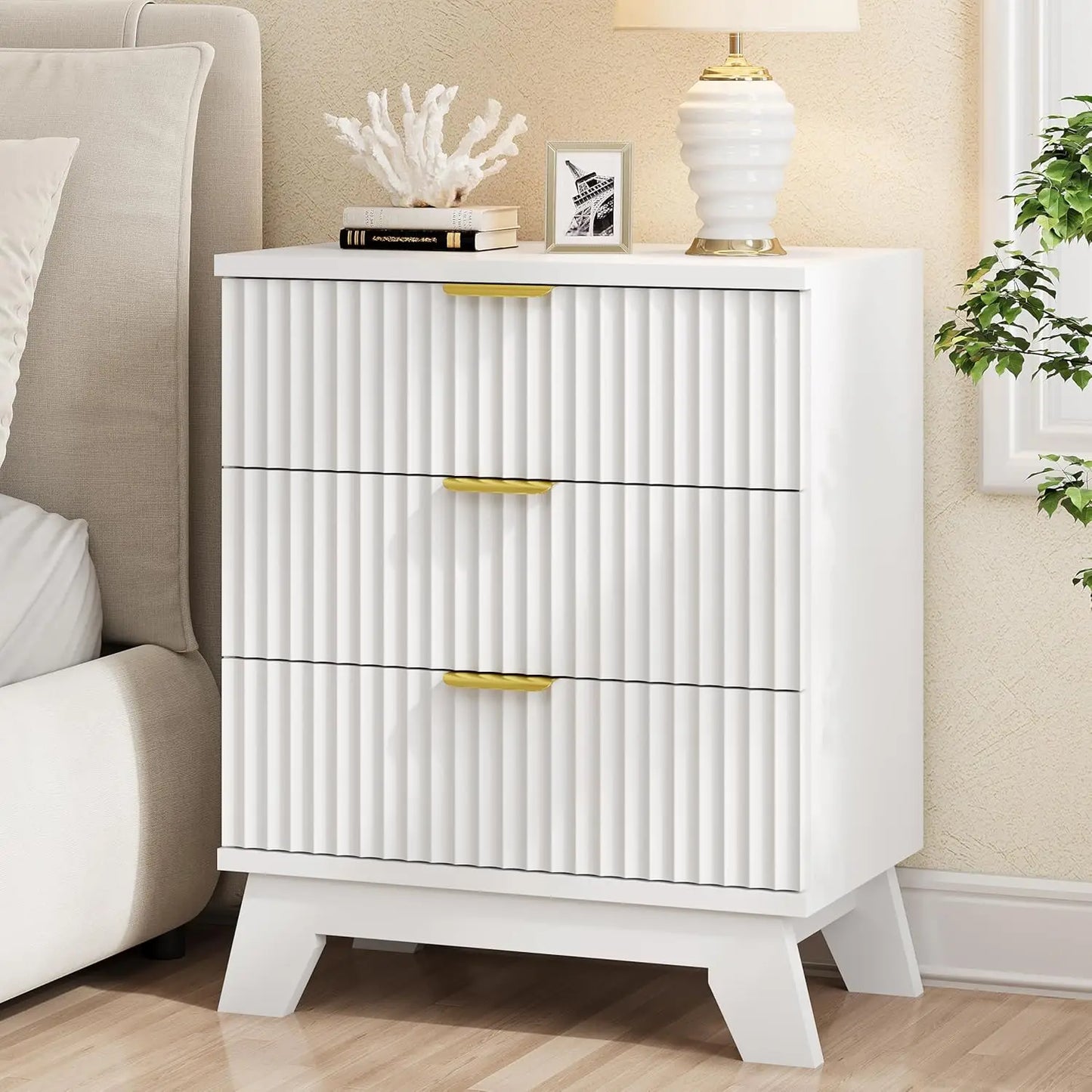 Fluted Nightstand Modern Side Table with 3 Storage Drawers