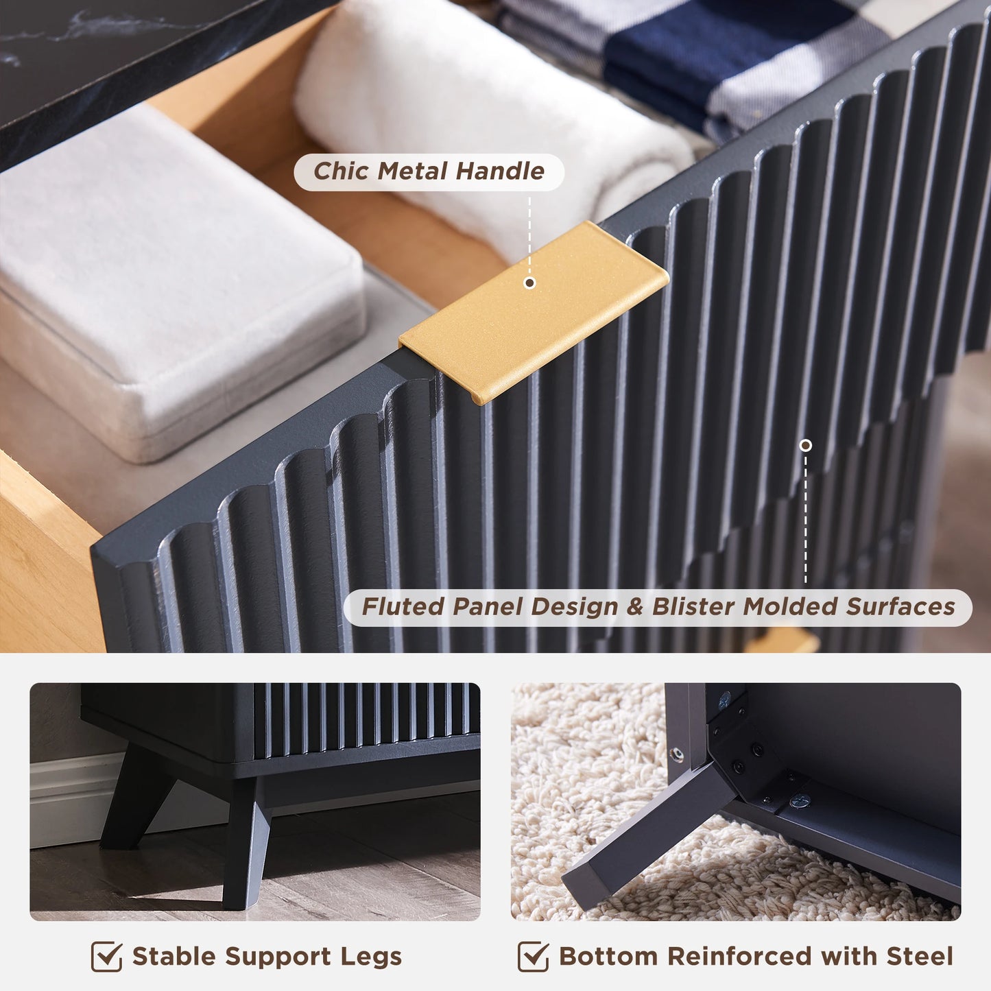 Modern 6 Drawer Dresser Faux Marble Top Fluted Chest of Drawers