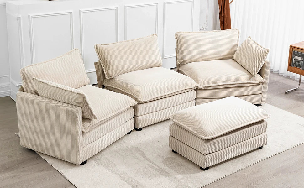 112 Inch 4 Seat L Shaped Modular Corduroy Sofa Set for Living Room