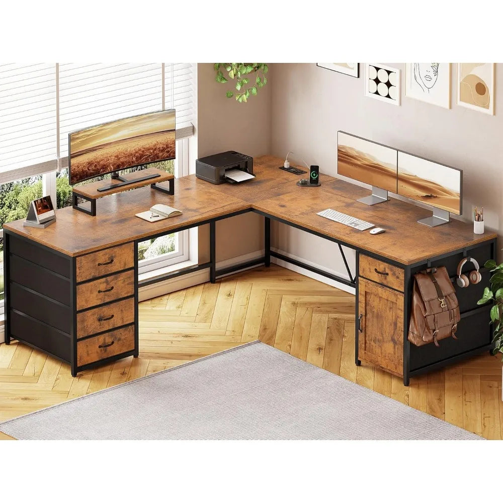 L Shaped Desk 63 Inch Computer Desk with 5 Drawers and Power Outlet