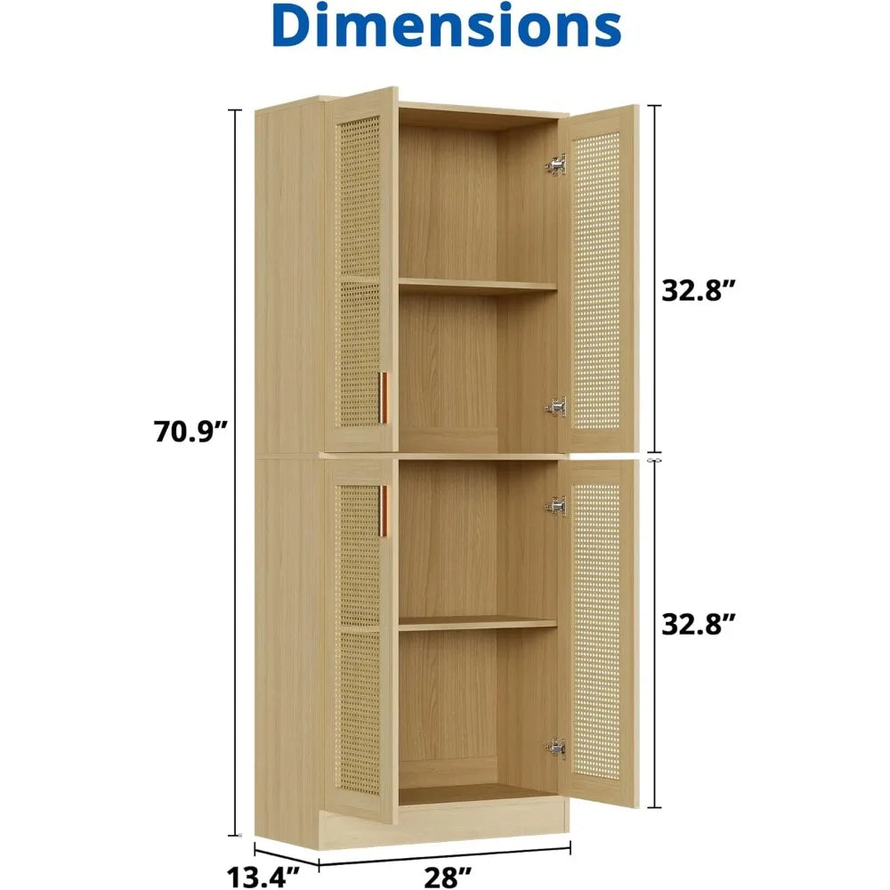 Ljustra 71 Inch Tall Rattan Kitchen Pantry Cabinet with Doors and Shelves