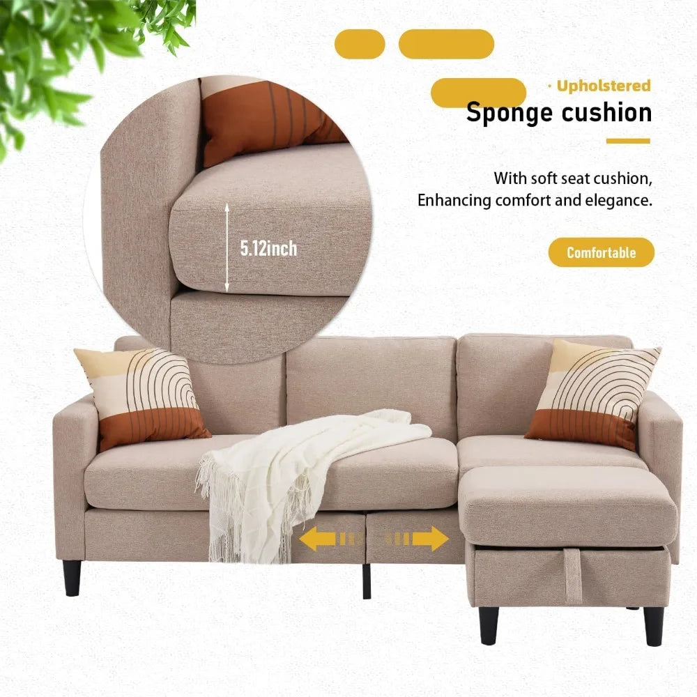 3-Seater L-Shaped Sectional Sofa w/ Storage Ottoman – Beige Linen Couch for Small Spaces