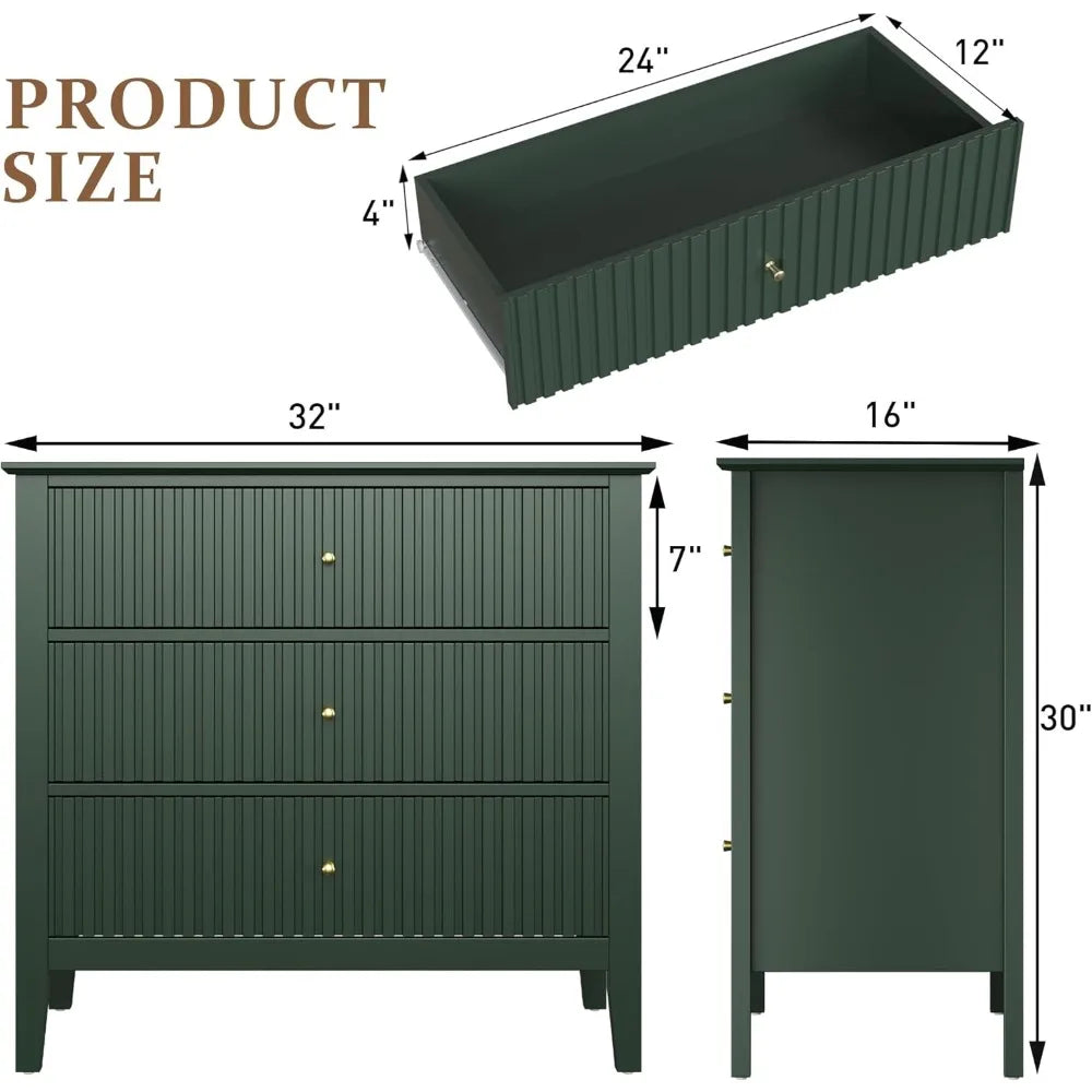 Green Fluted 3 Drawer Dresser Modern Wood Chest for Bedroom Living Room
