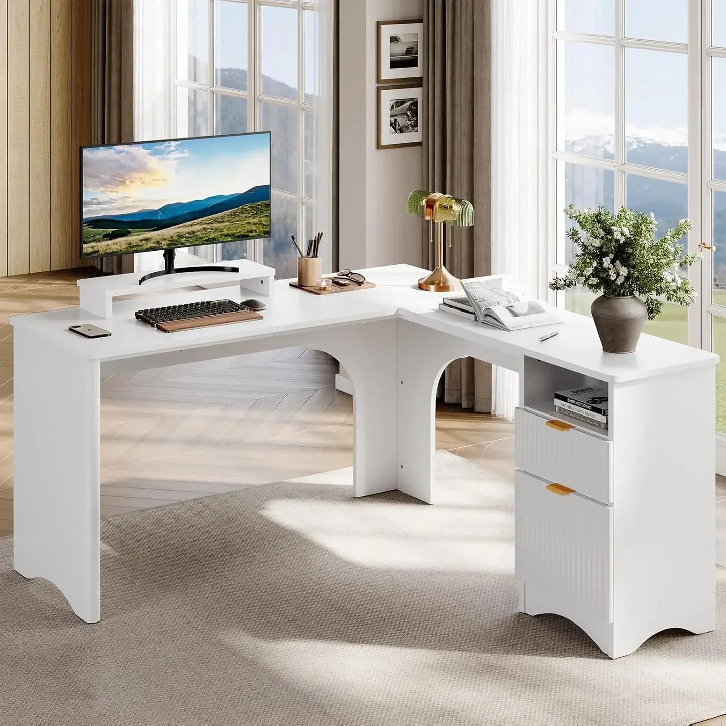L Shaped Office Desk with File Drawer Modern Computer Desk 55.7" x 55"