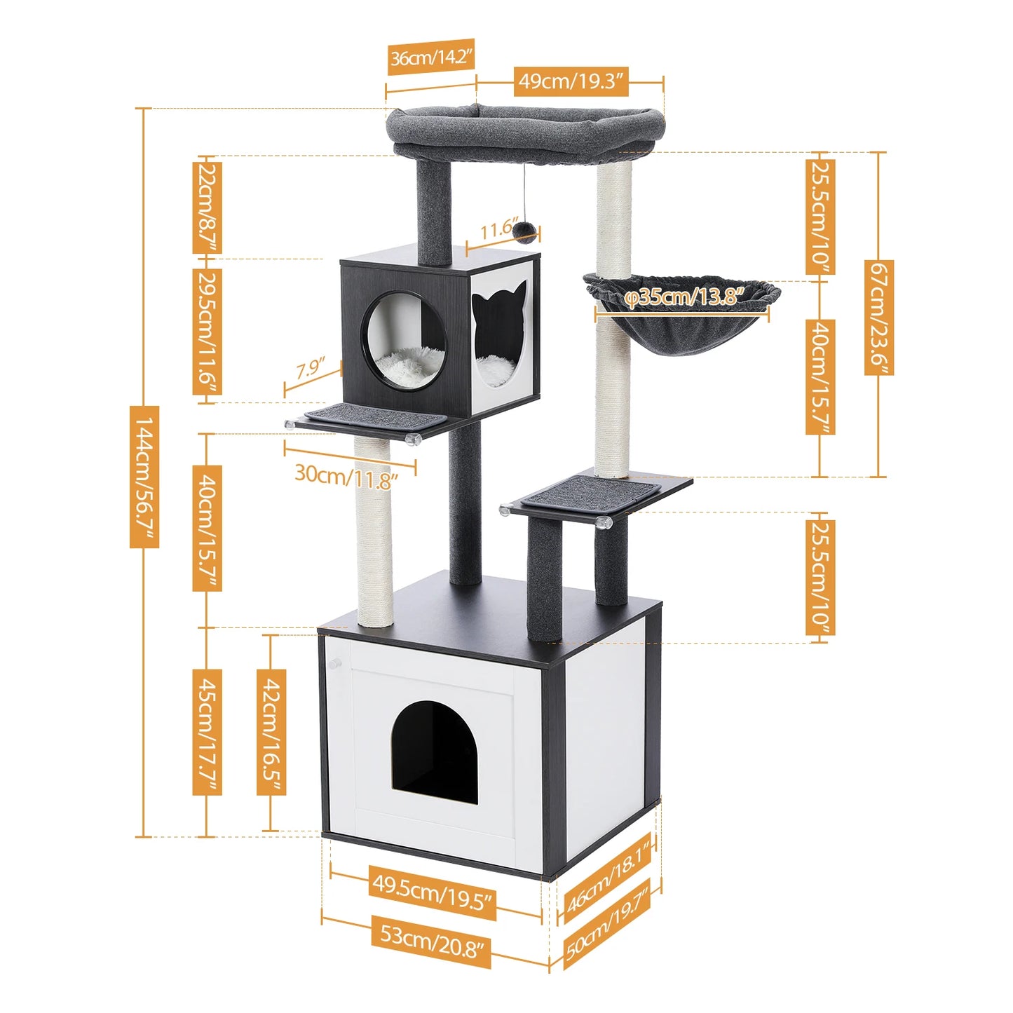 Multi-Level Cat Tree Indoor Wood Tower with Hammock Scratching Posts