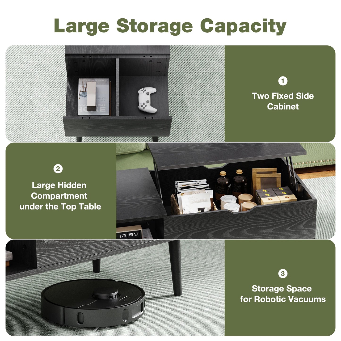 Ljustra Lift Top Coffee Table Modern Adjustable Storage Living Room 39.37"x19.7"