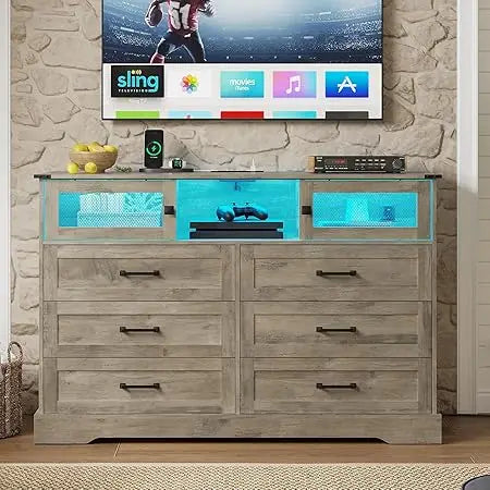 6 Drawer Dresser with LED Lights Charging Station Farmhouse Organizer