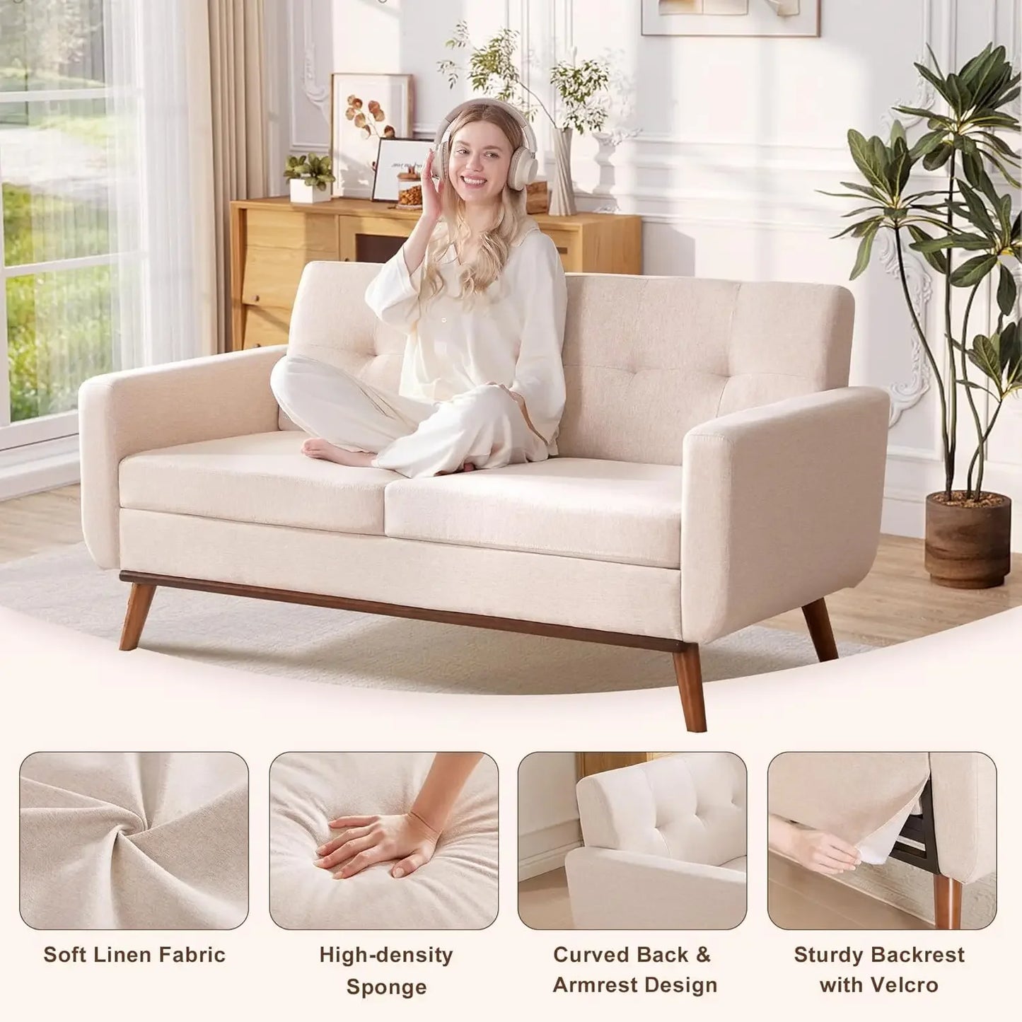 65 Inch Loveseat Sofa Mid Century Modern Button Tufted Upholstered Couch