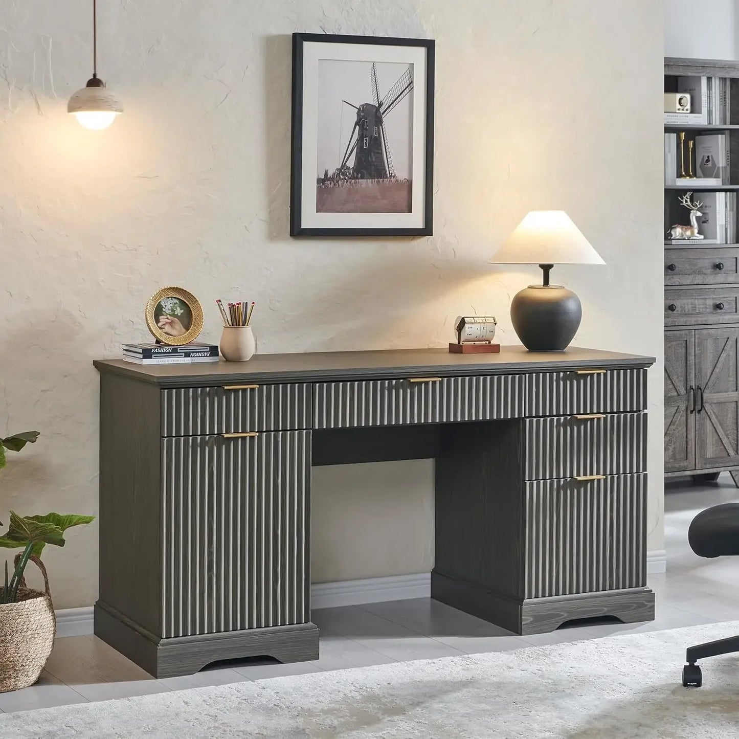 58 Inch Modern Executive Desk with Storage 5 Drawers Home Office