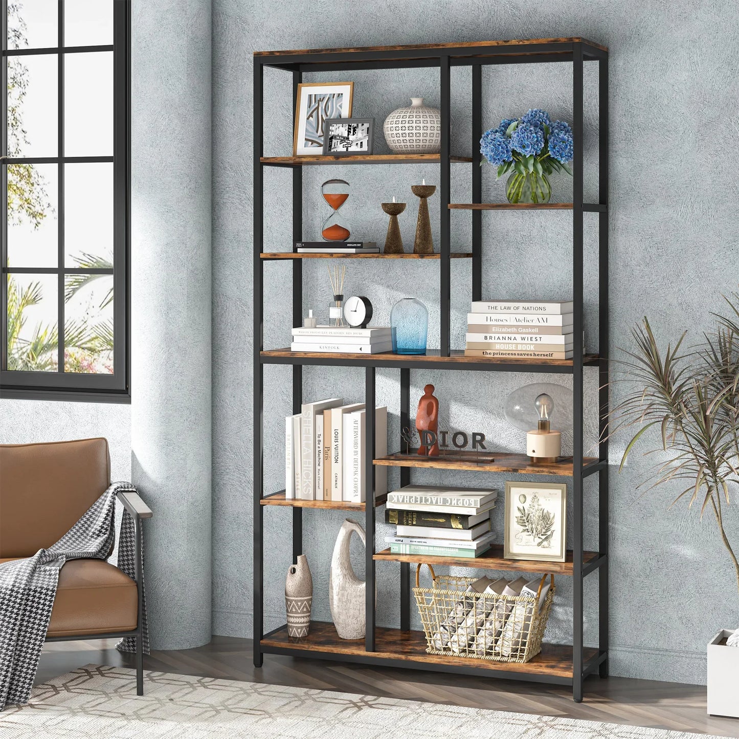 Ljustra Modern 8-Tier Staggered Bookcase Wide Wood Etagere Shelving Unit
