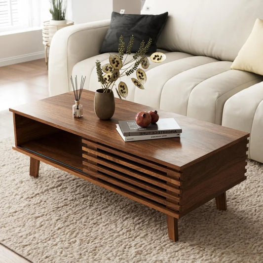 Mid Century Coffee Table with Storage Sliding Door Modern Living Room