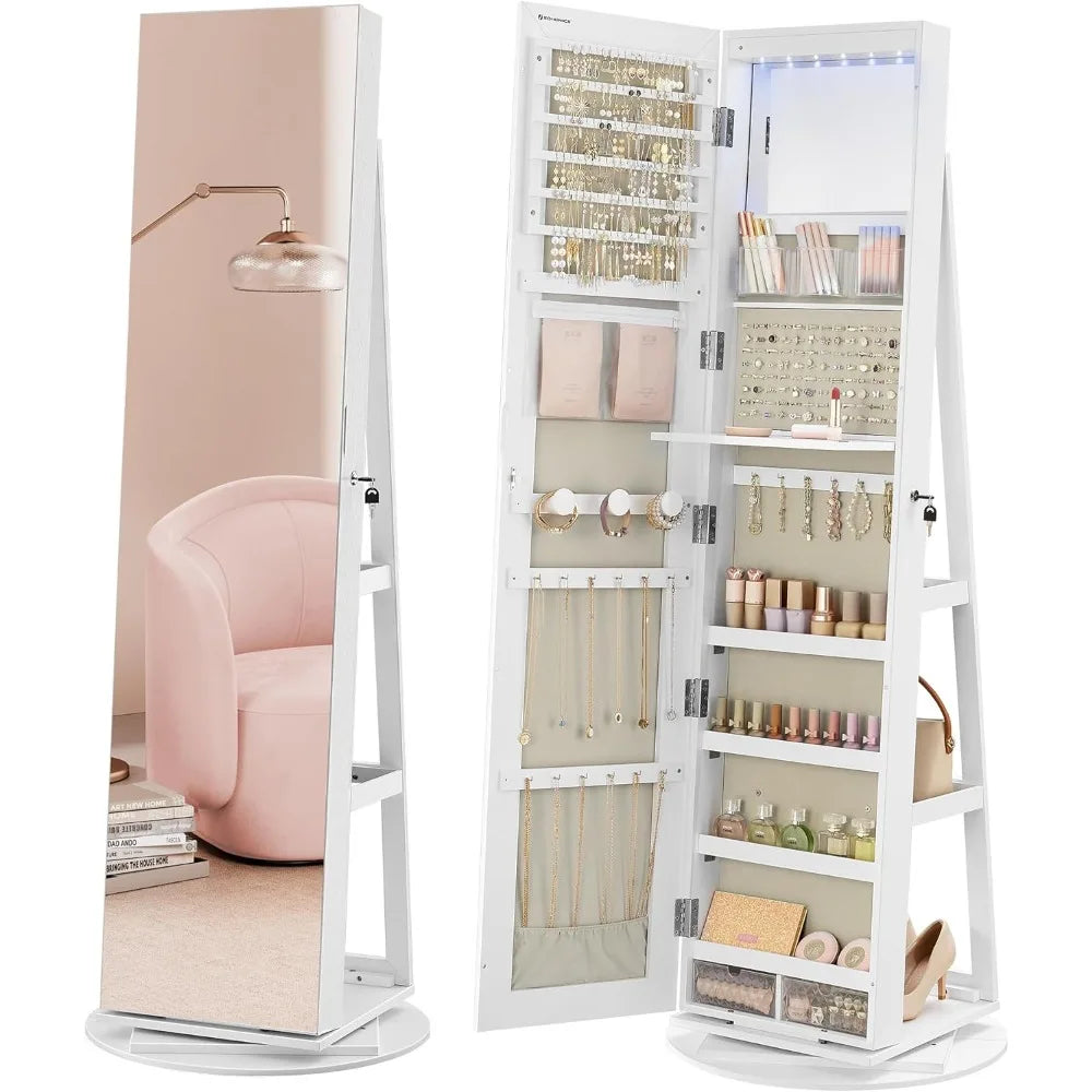 6 LED Lockable Mirror Jewelry Cabinet 360° Swivel Armoire Organizer