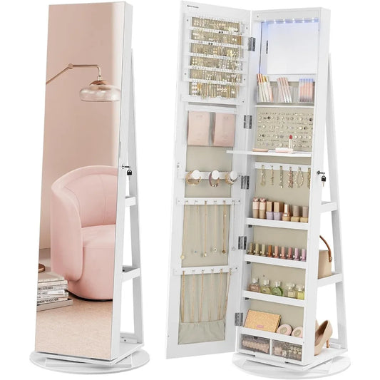 6 LED Lockable Mirror Jewelry Cabinet 360° Swivel Armoire Organizer
