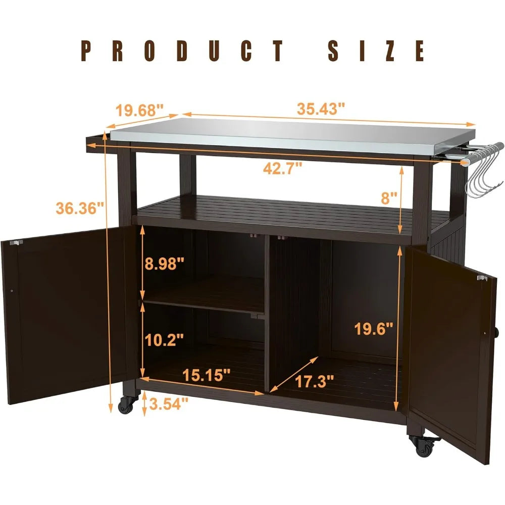 Outdoor Storage Cabinet Wood Prep Grill Table Stainless Steel Top