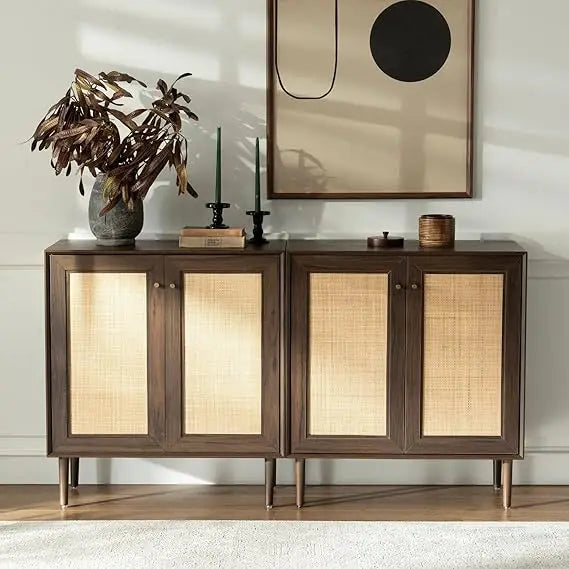 Natural Rattan Cabinet Sideboard Set of 2 Boho Buffet Storage