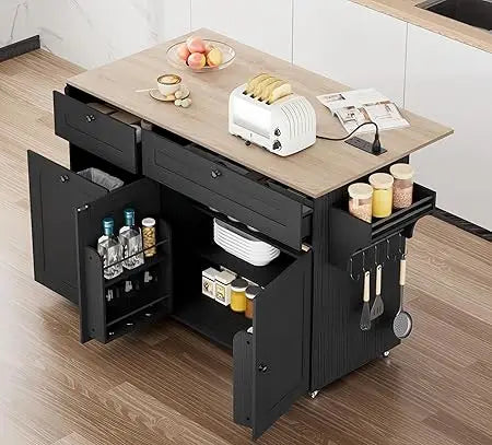 Kitchen Island with Storage on Wheels Drop Leaf Power Outlet Rolling Cart
