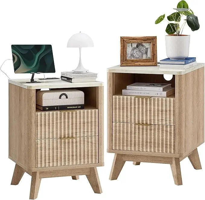 Fluted Nightstand with Charging Station Modern Side Table 18 Inches