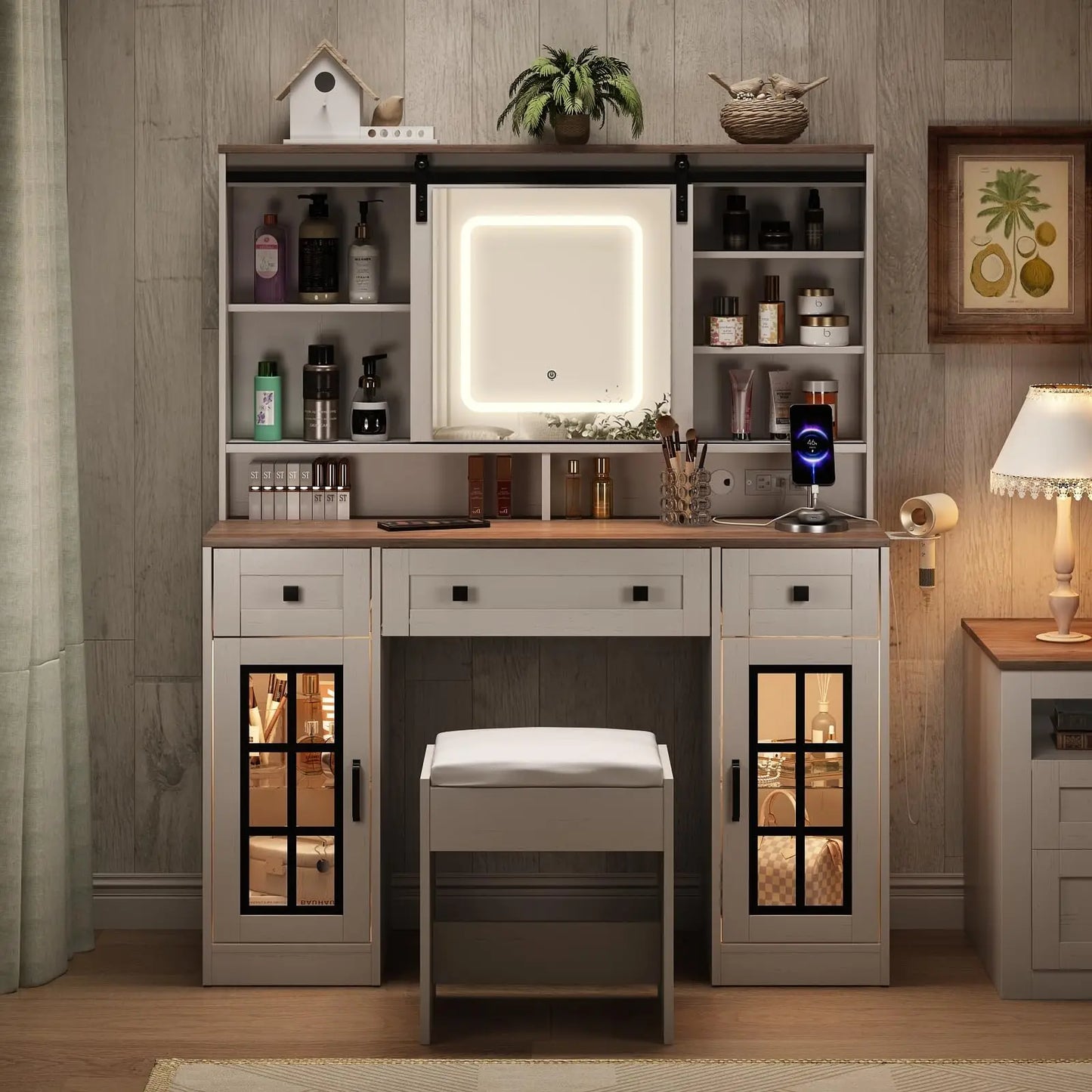 Ljustra Vanity Makeup Desk with Sliding Mirror and LED Lights