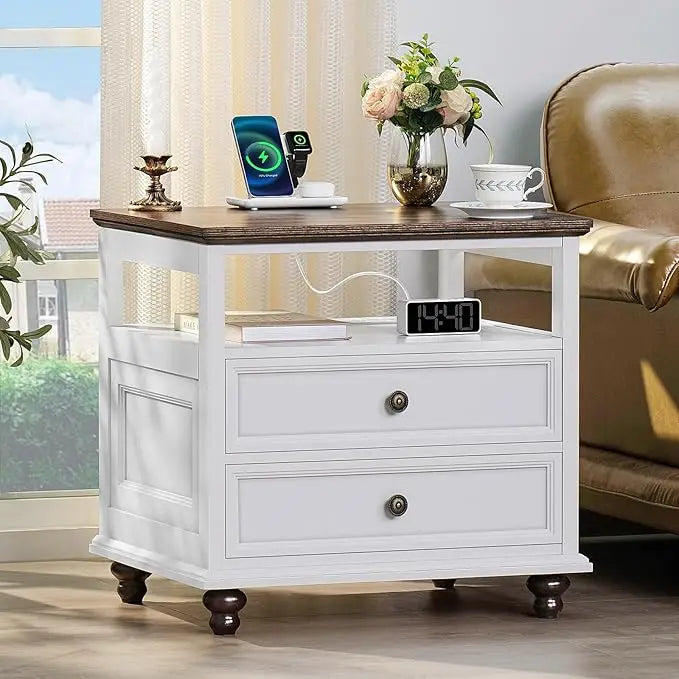 Farmhouse Nightstand with Charging Station 2 Drawers White End Table