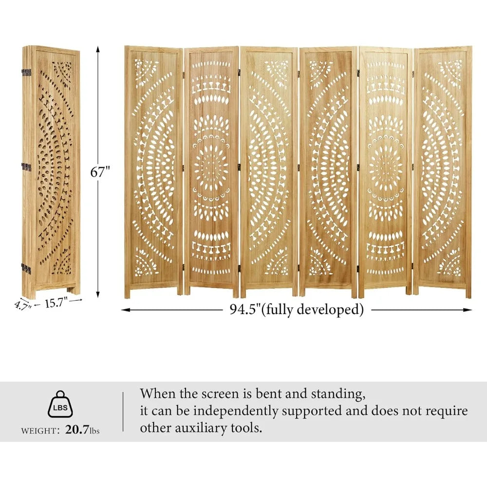66.9Inch Folding Room Divider 6 Panels Wood Carved Privacy Screen