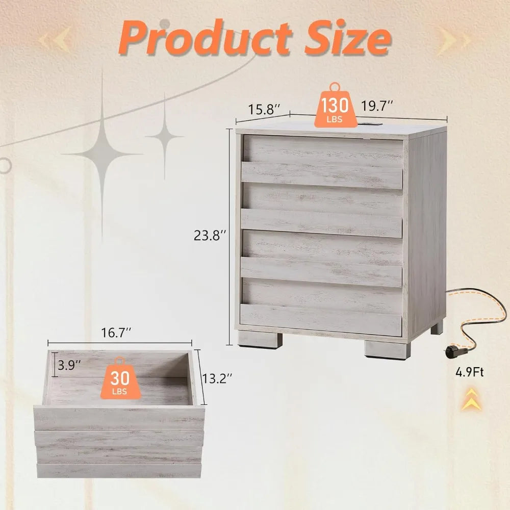 Nightstand Set of 2 with Charging Station Farmhouse Side Table