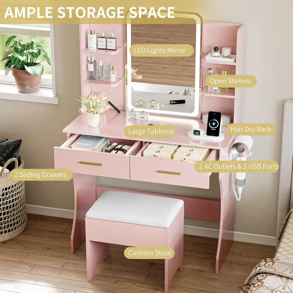 LED Makeup Vanity Desk with Mirror and Storage Drawers Chair Set