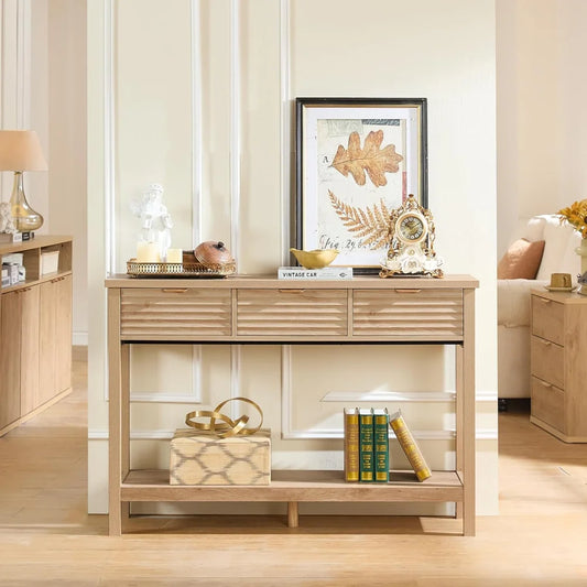 Modern Fluted Console Table 3 Drawers Wood Entryway Storage Shelf